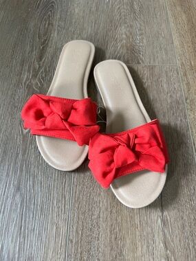 LOFT Red Bow Slide Sandals with Neutral Footbed